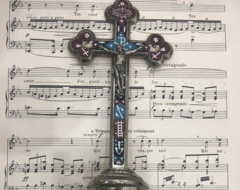 Antique Italian Micromosaic Micro Mosaic Crucifix Cross Birds Crown Thornes Stand c1900