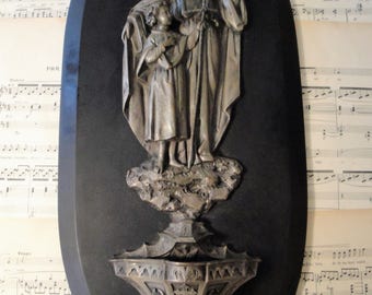 RARE Large Antique French Black Marble Church Holy Water Font Jesus Angels c1880 22 inches long!!!