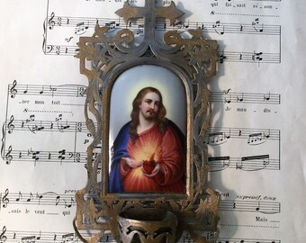 Antique French Hand Painted Porcelain Holy Water Font Sacred Heart Jesus c1880