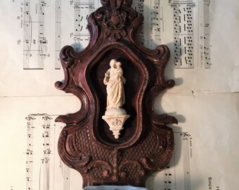 Rare Large Antique French Joseph and Child carved plaster Holy Water Font c1860