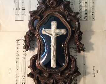 Rare Large Antique French Crucifix carved plaster Holy Water Font c1860