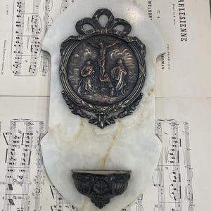 Large Antique French Holy Water Font Crucifixion Jesus Mary Magdalene Signed Tschudin c1920