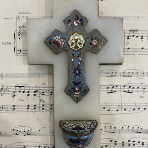 Antique French Champleve Enamel Onyx Holy Water Font Cross Crucifix c1895
