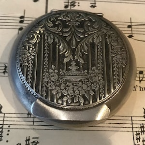 Antique French Art Nouveau Pill Box Compact Rouge Flowers c1920
