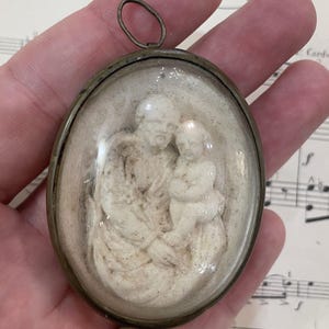 Rare Antique French Carved Plaster Joseph Jesus Domed Glass Icon c1900