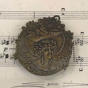 Antique French Art Nouveau Sliding Mirror Pendant Woman Hat Signed c1900