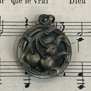 Antique French Art Nouveau Sliding Pendant Photo Holder Cherries c1920