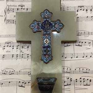 Antique French Champleve Enamel Onyx Holy Water Font Cross Crucifix c1880