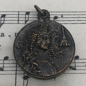 Antique French Art Nouveau Sliding Pendant Woman Eiffel Tower c1920