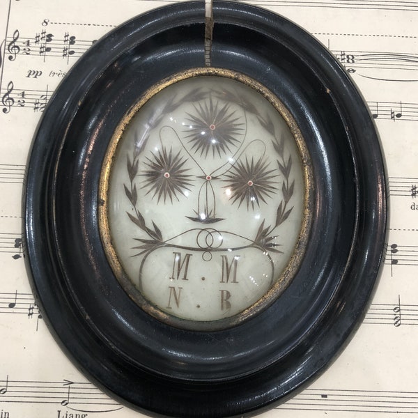 Antique French Mourning Hair Art Domed Glass Wooden Frame Flower c1880