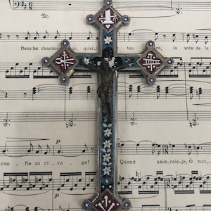 Large Antique Italian Micro Mosaic Micromosaic Cross Crucifix Bird Flowers c1900
