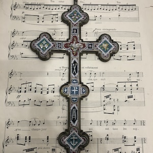 RARE Large Antique Italian Micro Mosaic Micromosaic Cross Crucifix Bird Anchor Grapes Flowers c1900