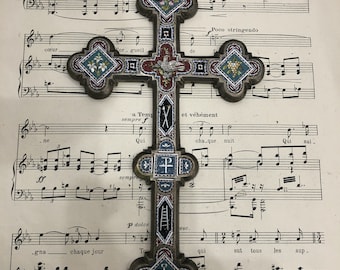 RARE Large Antique Italian Micro Mosaic Micromosaic Cross Crucifix Bird Anchor Grapes Flowers c1900