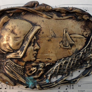 Antique French Art Nouveau bronze tray (maritime scene, fish, boat) c1920