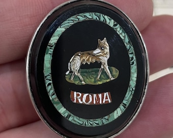 Rare Antique Italian Micromosaic Micro Mosaic Wolf Roma Sterling Silver Scarf Brooch c1880