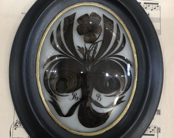 Rare Large Antique French Mourning Hair Art Domed Glass Wooden Frame c1880