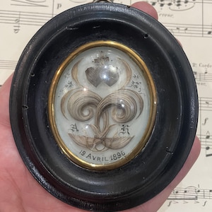 Small Antique French Mourning Hair Art Domed Glass Wooden Frame Hearts c1896