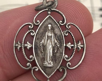Antieke Franse Art Nouveau Sterling Zilver Eerste Communie Medaille Miraculeuze Madonna c1910