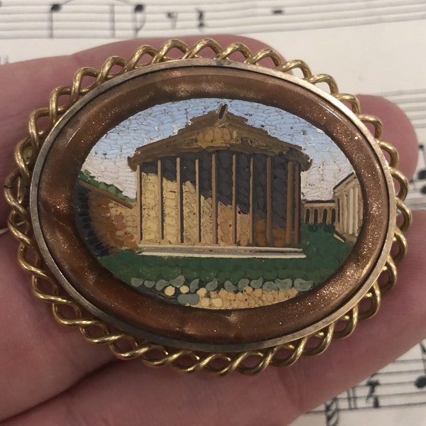 Antique Italian 10K Gold Micro Mosaic Micromosaic Brooch Pin Roman Ruin Tivoli Vesta Temple c1880