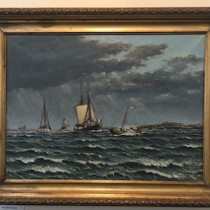 Antikes holländisches Öl auf Segeltuch-Marineboote signiert J. Jensen c1931