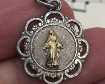 Antieke Franse Art Nouveau Sterling Zilver Eerste Communie Medaille Miraculeuze Madonna c1919