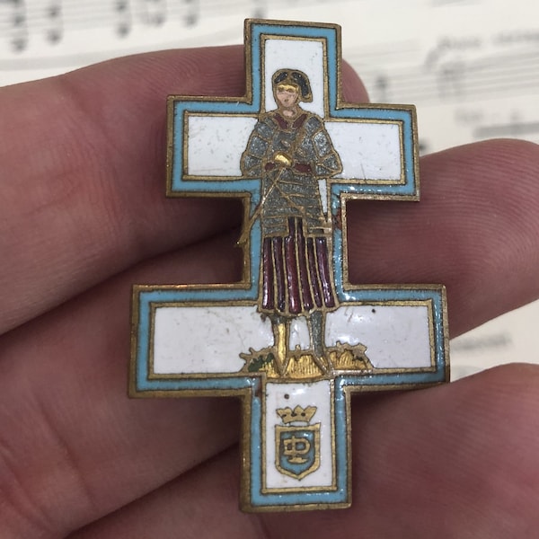 Antique French Enameled Joan of Arc Alsatian Cross Pin / Brooch c1920