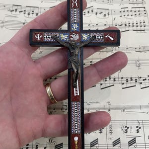 Rare Antique Italian Micro Mosaic Micromosaic Cross Crucifix Bird Set in Wood c1900
