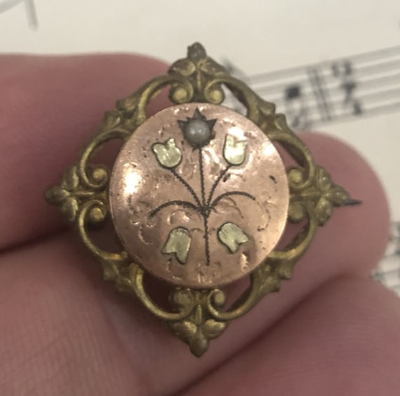 Broche Art Nouveau Ancienne Plaquée Or, Avec Fleurs Et Perle – Style Vintage