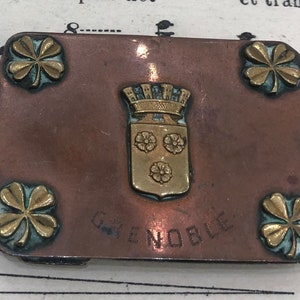 Antique French Copper Stamp Box Grenoble Four Leaf Clover c1900