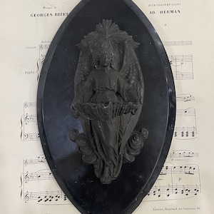 Rare Large Antique French Angel Black Onyx Holy Water Font c1880