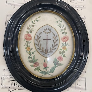 Rare Large Antique French Mourning Hair Art Hand Painted Roses under Glass c1913