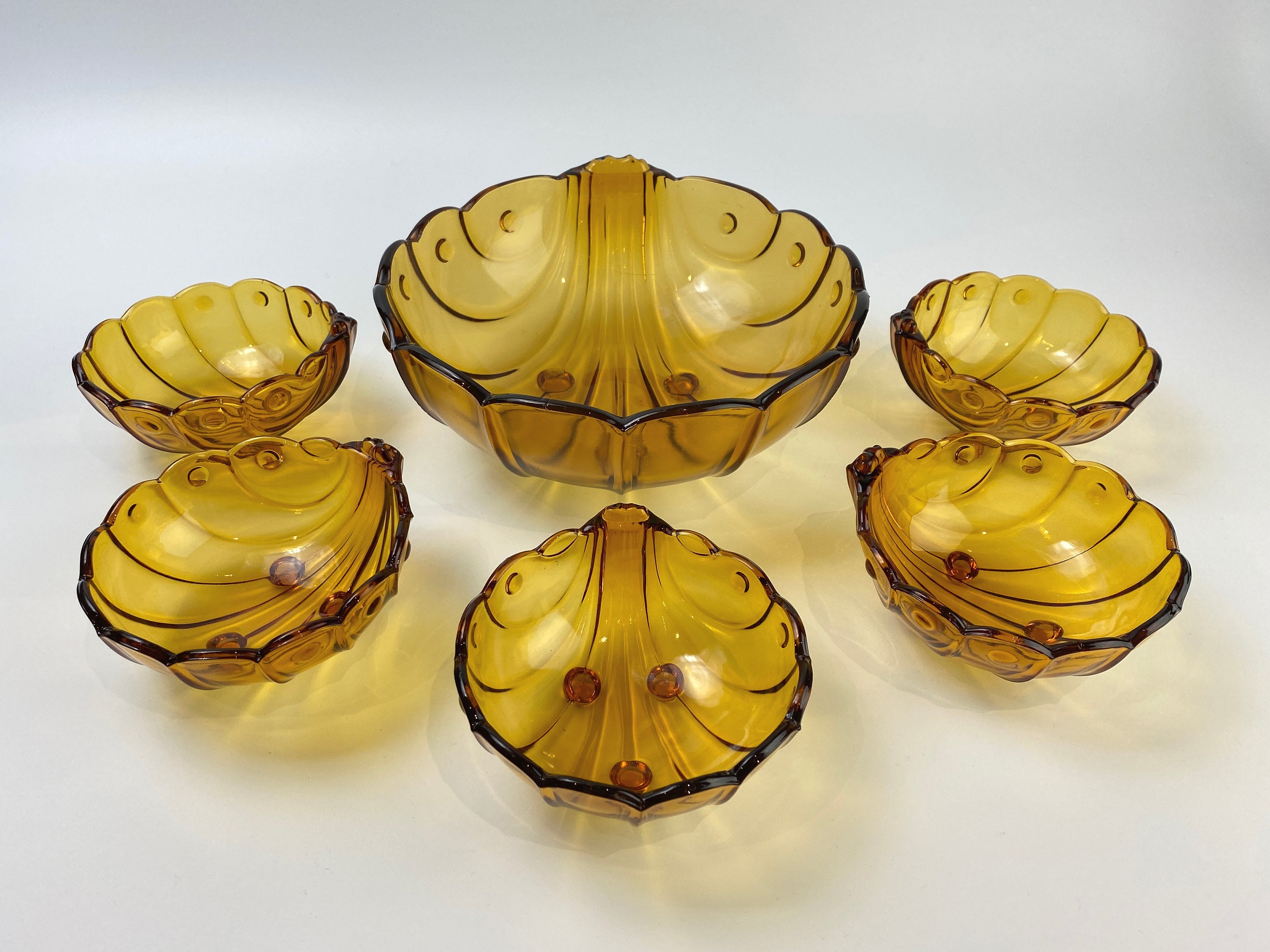 Bohemian Art Deco Amber Bowl Set - Carl Stölzle & Sohne, Hermanova Hut Glassworks - ca. 1930s
