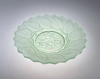 English 9.5" Satin Green Glass Plate - Bagley 'Rose Leaf' - ca. 1940s to 70s