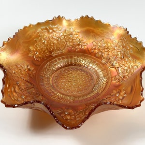 Antique 9&quot; Marigold Carnival Glass Bowl - Fenton Art Glass Company &#39;Orange Tree&#39; - ca. 1912 to 1929