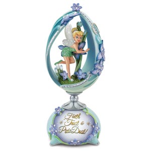 May include: An egg-shaped ornament with a fairy figure inside, surrounded by blue flowers. The base of the ornament has the words "Faith, Trust & Pixie Dust!" in gold script. The ornament is predominantly blue, green, and white in colour.