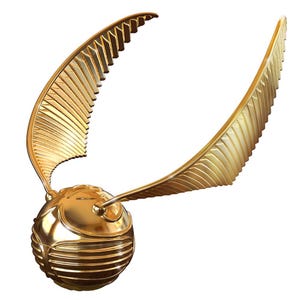 May include: A golden Snitch, a spherical ball with two large, textured wings. The wings are angled upwards and outwards, and the ball has horizontal lines around its center. The overall design is shiny and detailed.