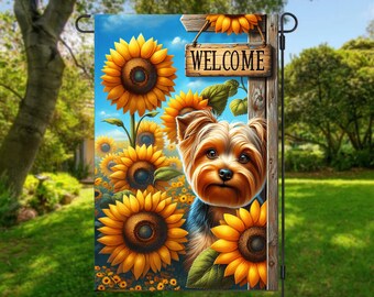 Welcome Sunflower Yorkie Garden Flag, Fall Seasonal House Flag, Fall Yorkie Outdoor Decor, Decorative Yard Flag, Sunflower Garden Flag