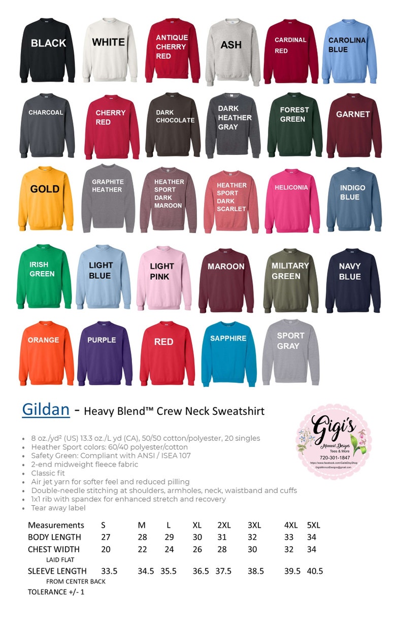 K&ouml;nnte beinhalten: Eine Tabelle mit Gildan Heavy Blend Crew Neck Sweatshirts in verschiedenen Farben. Die Tabelle zeigt die Farbnamen und die Ma&szlig;e f&uuml;r jede Gr&ouml;&szlig;e, einschlie&szlig;lich K&ouml;rperl&auml;nge, Brustweite, &Auml;rmell&auml;nge und Toleranz. Die Tabelle enth&auml;lt auch Informationen &uuml;ber die Stoffzusammensetzung und die Pflegehinweise.