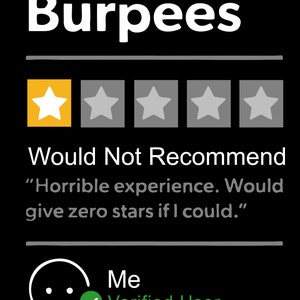 May include: A one-star review for Burpees, with the text "Would Not Recommend" and the quote "Horrible experience. Would give zero stars if I could."