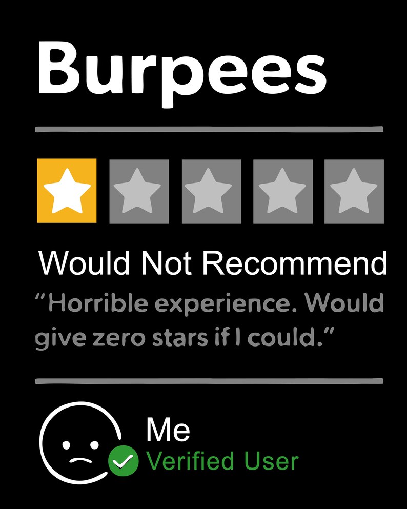 May include: A one-star review for Burpees, with the text "Would Not Recommend" and the quote "Horrible experience. Would give zero stars if I could."