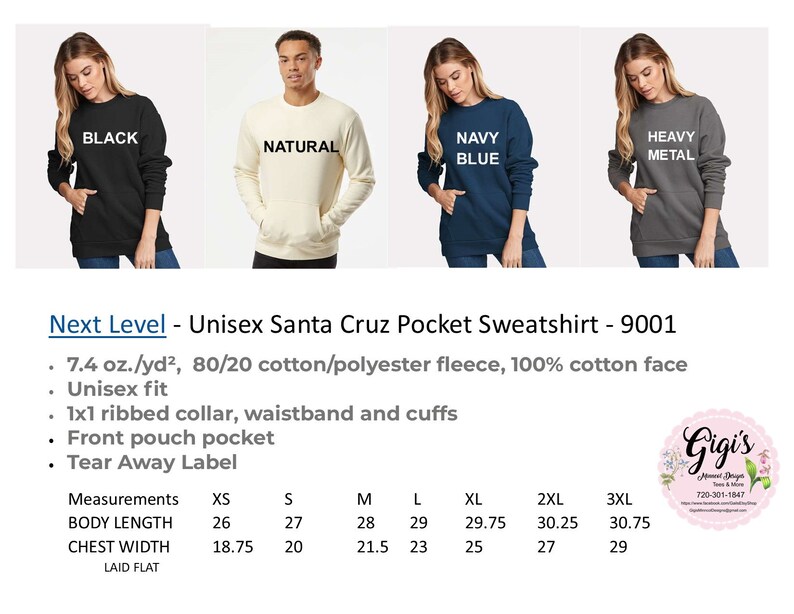 K&ouml;nnte beinhalten: Unisex Santa Cruz Pocket Sweatshirt in den Farben Schwarz, Natur, Marineblau und Schwermetall. Das Sweatshirt hat eine vordere Tasche und ein abrei&szlig;bares Etikett. Die Ma&szlig;e sind in Zoll f&uuml;r die Gr&ouml;&szlig;en XS bis 3XL angegeben.