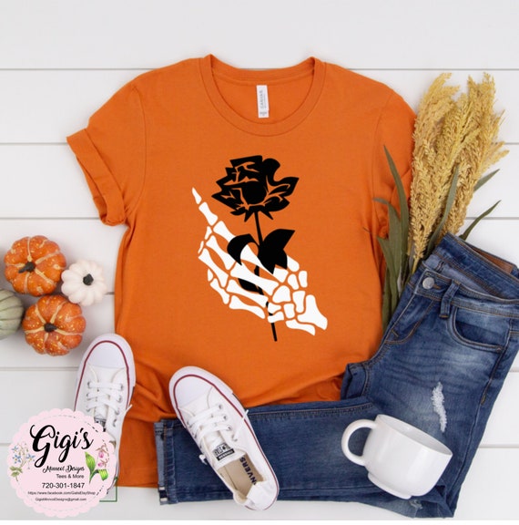 Skeleton Hand Rose Shirt-Gothic Graphic Tee-Skull and Rose T-Shirt Love Statement Gift-Dark Romance Halloween Shirt-Floral Skeleton Tee Gift