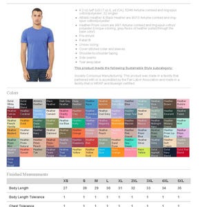 May include: A blue Bella+Canvas CVC Jersey Tee, style 3001CVC, with a crew neck and short sleeves. The shirt is shown on a model and includes a color chart and size chart with measurements in inches.