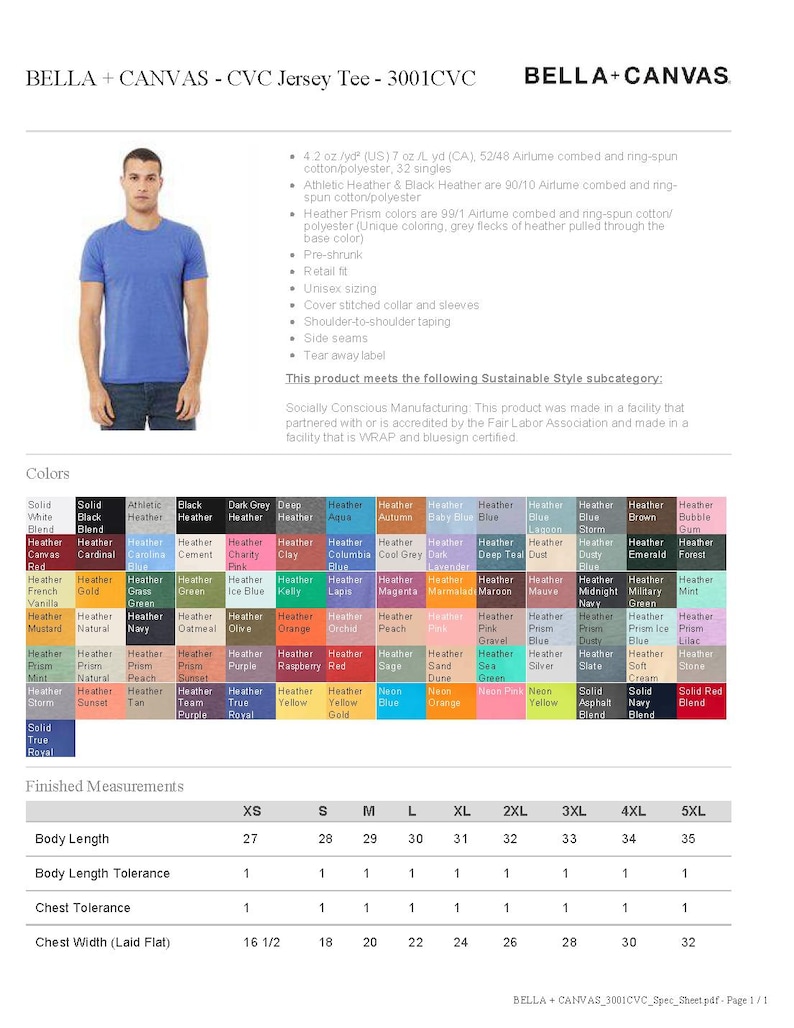May include: A blue Bella+Canvas CVC Jersey Tee, style 3001CVC, with a crew neck and short sleeves. The shirt is shown on a model and includes a color chart and size chart with measurements in inches.