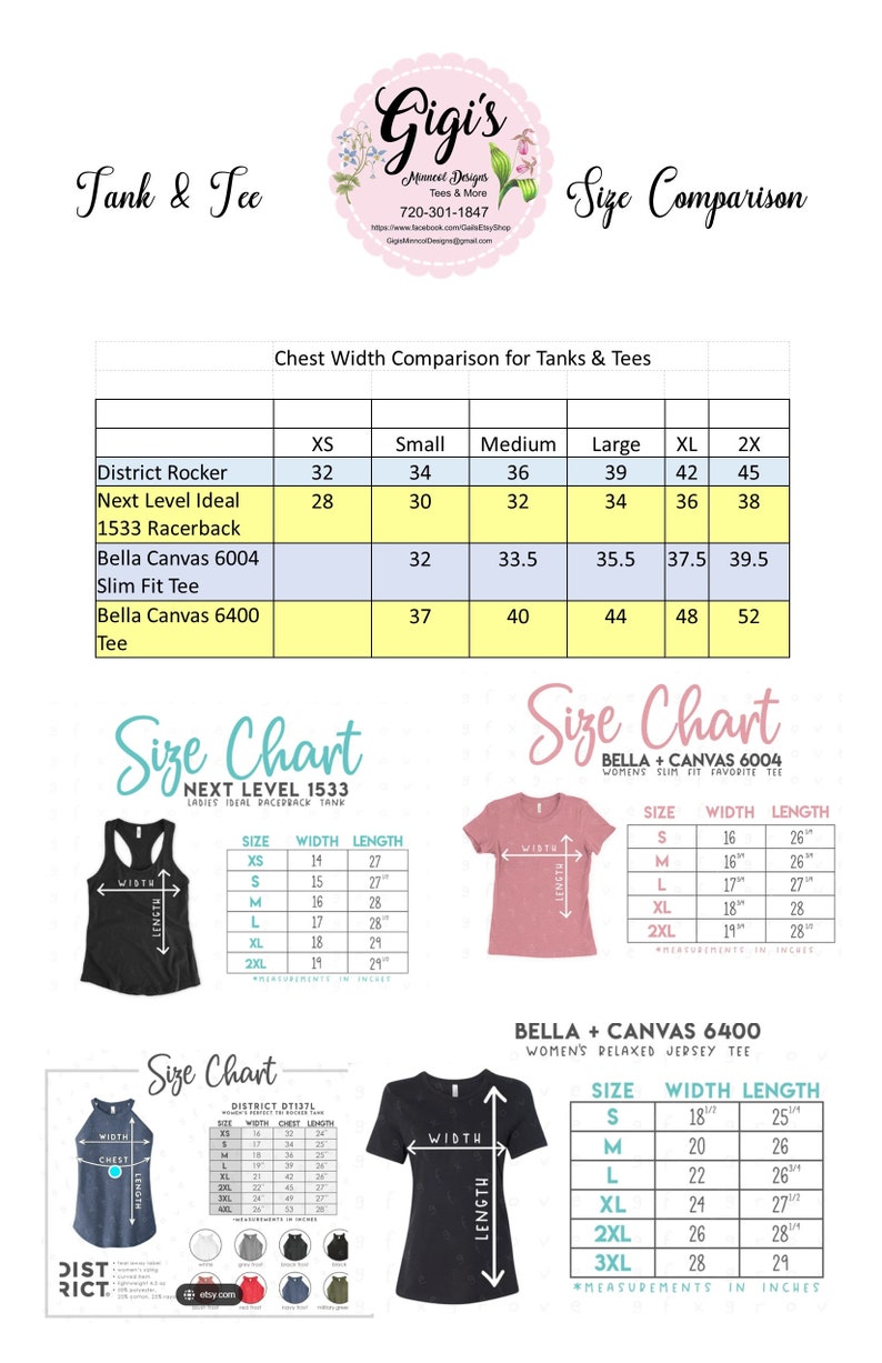 May include: Size chart for tank tops and t-shirts with measurements in inches. The chart shows the chest width, width, and length of different sizes for the brands District Rocker, Next Level Ideal 1533, Bella Canvas 6004, and Bella Canvas 6400.