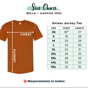 May include: Size chart for a unisex jersey tee, showing chest and length measurements in inches for sizes XS to 5XL. The chart is on a white background with a brown t-shirt illustration.