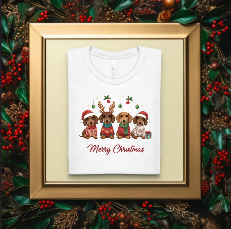 May include: White t-shirt featuring four dachshunds in festive Christmas attire, including Santa hats and reindeer antlers. The phrase "Merry Christmas" is written in red script below the dogs. The shirt is displayed in a gold frame with a holiday wreath.
