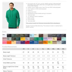 May include: A green Unisex Midweight Hooded Sweatshirt by Independent Trading Co. The sweatshirt features a jersey-lined hood, pouch pocket, and metal eyelets. Available in various colors and sizes, with body length measurements ranging from 27 to 34.5 inches.