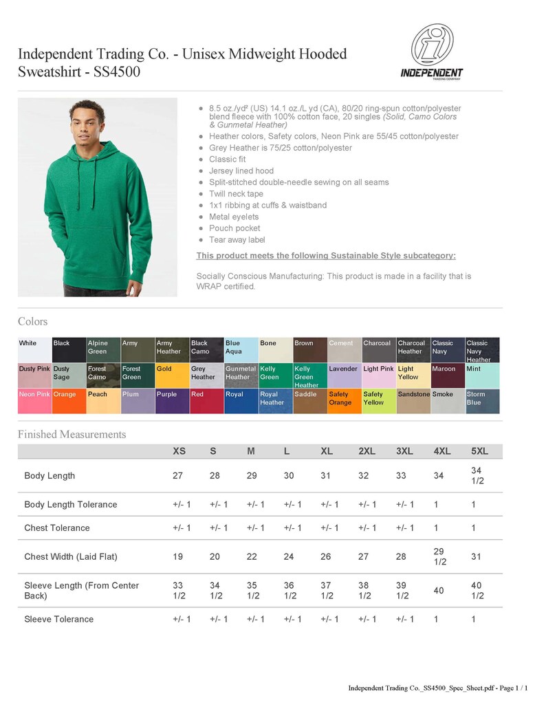 May include: A green Unisex Midweight Hooded Sweatshirt by Independent Trading Co. The sweatshirt features a jersey-lined hood, pouch pocket, and metal eyelets. Available in various colors and sizes, with body length measurements ranging from 27 to 34.5 inches.