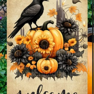 May include: A garden flag with a vintage design, featuring a black crow on orange pumpkins and sunflowers. The word "welcome" is written in script. The flag has autumn leaves and dark sunflowers. A seasonal decoration for the garden.